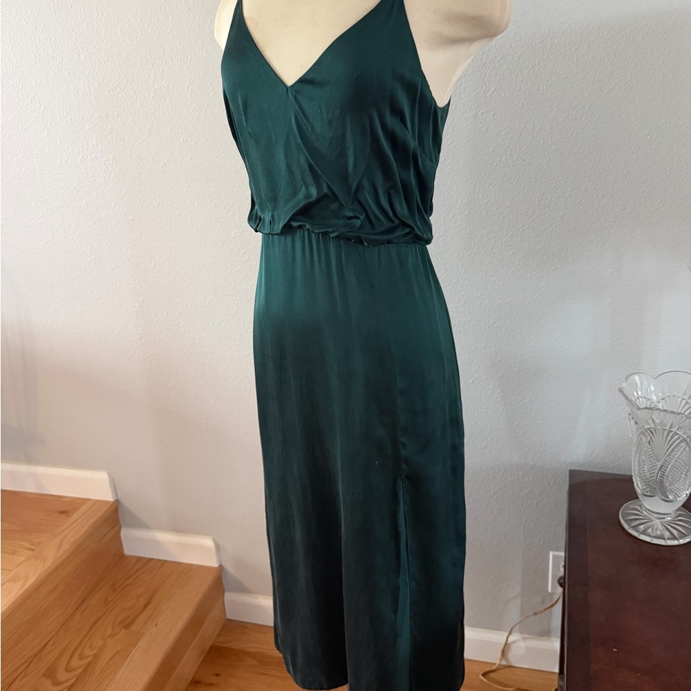 L'AGENCE Teal Slip Midi Dress with V-Neck and Spaghetti Straps